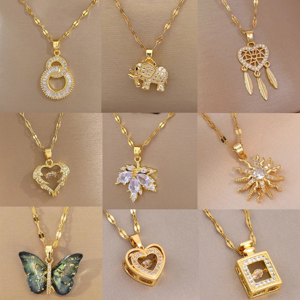 Classic Gold-Color Stainless Steel Shiny Zircon Geometric Heart Pendant Necklace