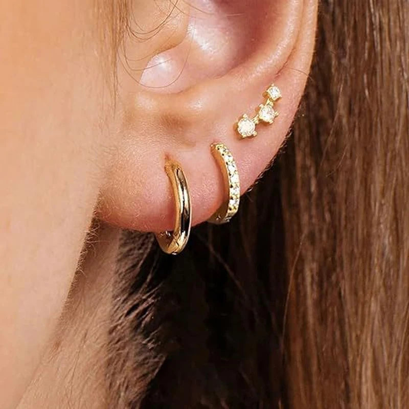 Minimalist Exquisite Gold Color Zircon Stud Earrings Set, 3 Pcs/Set