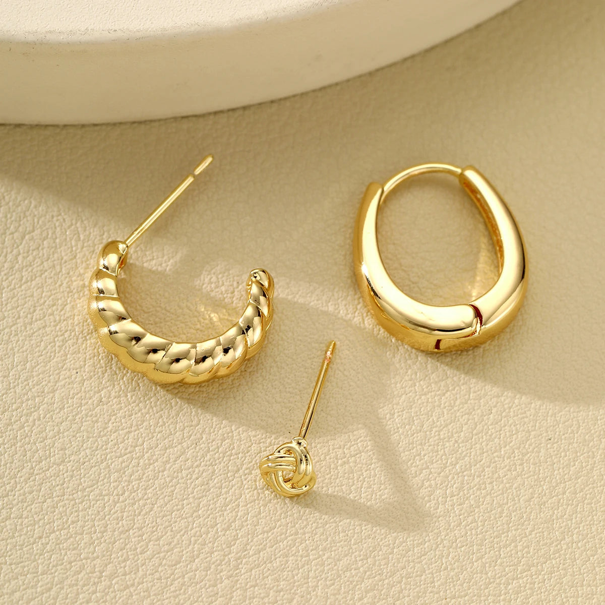 Simple Vintage Gold Color Geometric Circle Hoop Earring Set, 3 Pcs/Set