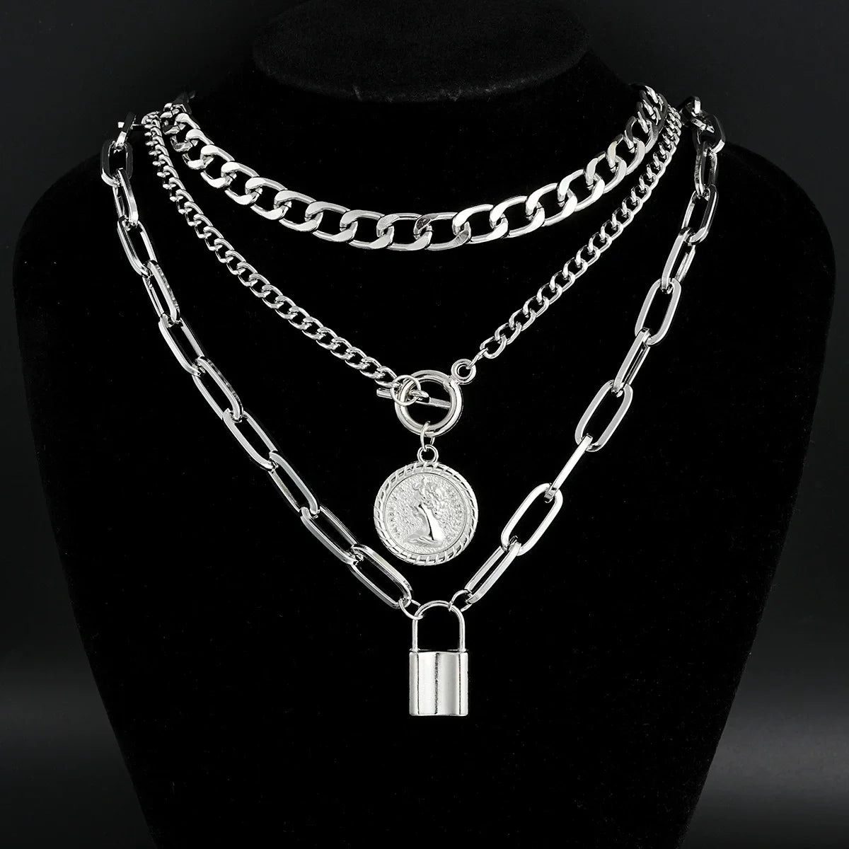 3 Pcs Vintage Gold Embossed Lock Necklace Set