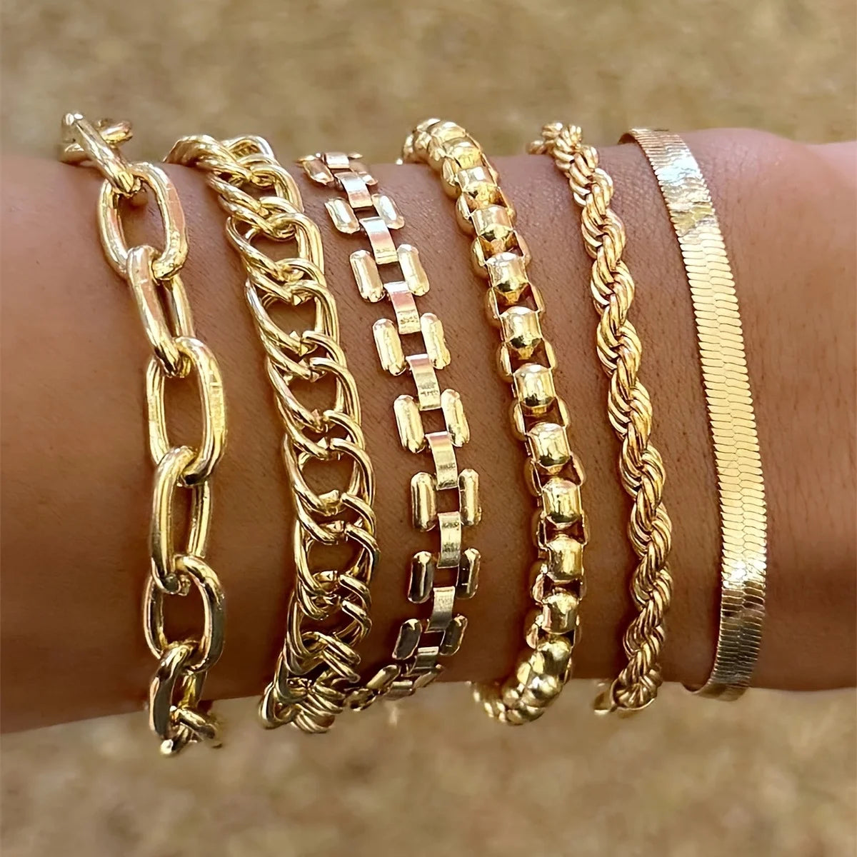 Minimalist Punk Boho Multilayer Chunky & Twisted Metal Chain Bracelet Set, 4 Pcs/Set