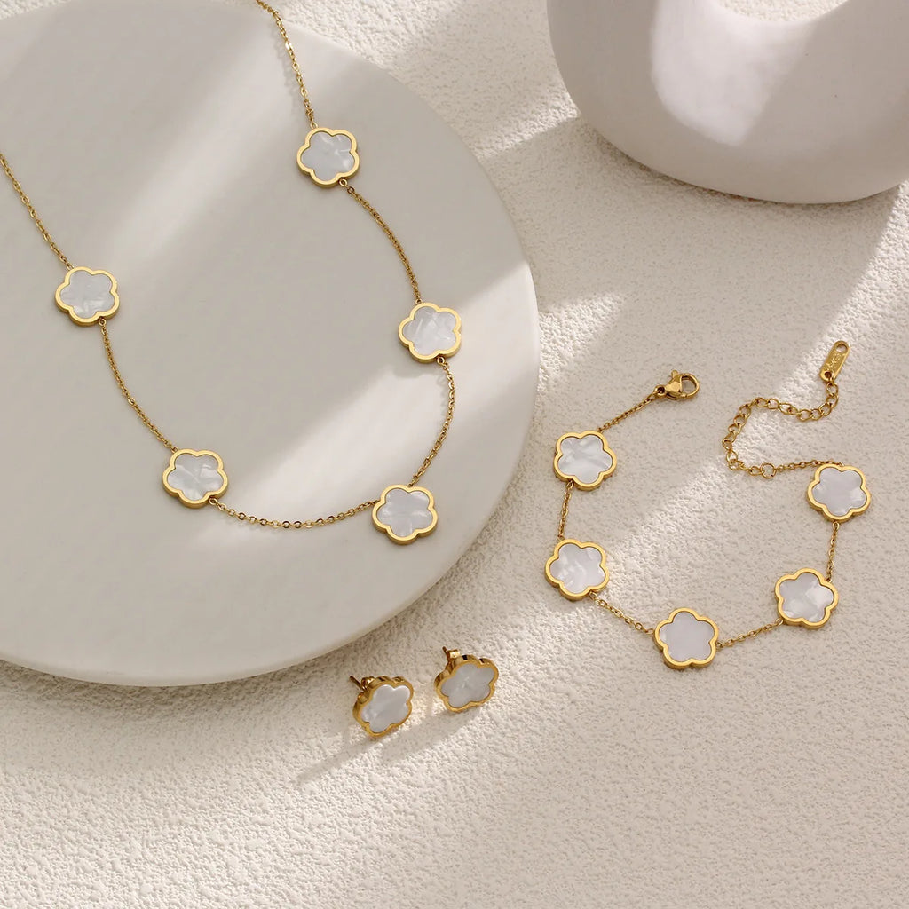 Hot Selling Stainless Steel Shell Plant Five Leaf Flower Set For Women's Jewelry Accessories Simple And Non Fading Clover