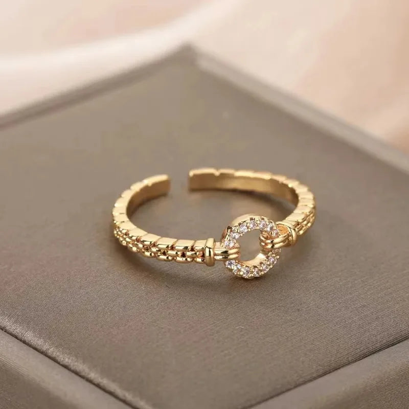 Gold-Plated Stainless Steel Crystal & Geometric Chain Ring