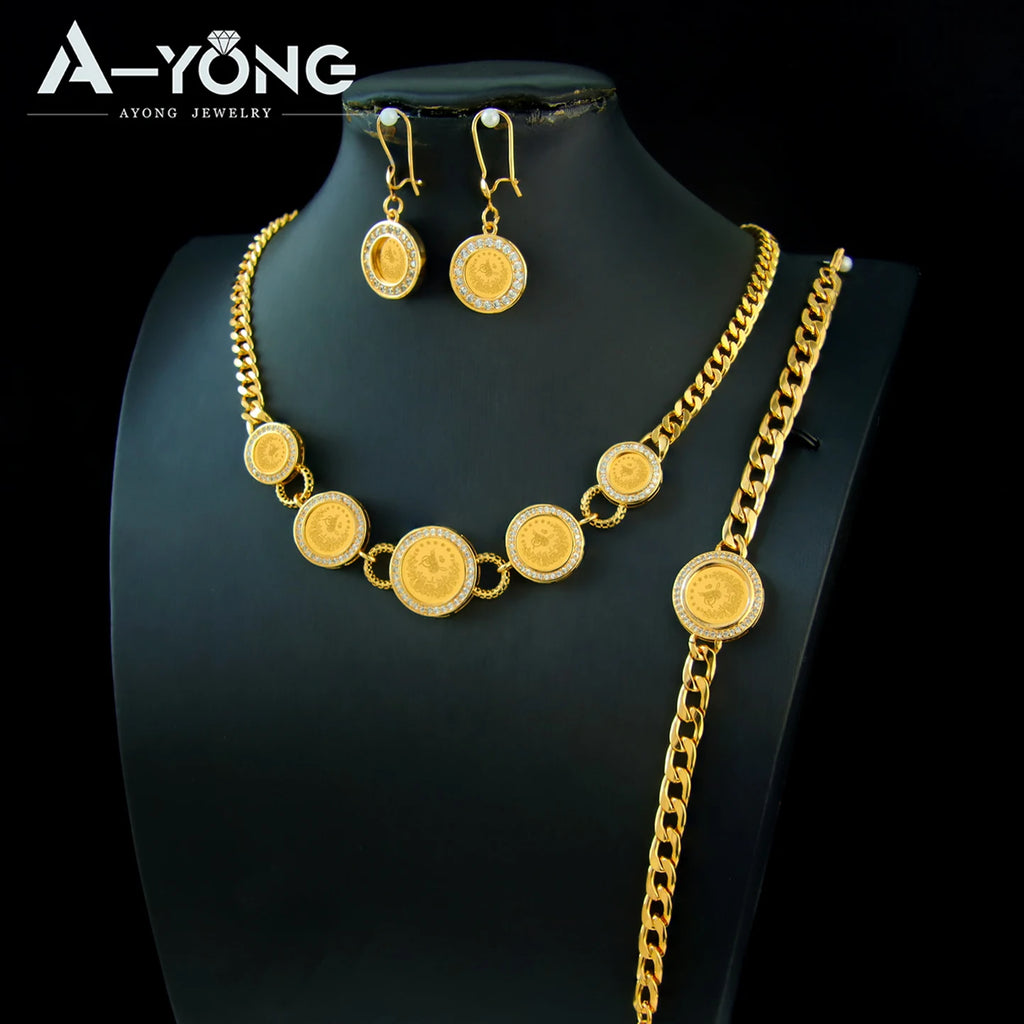 Dubai Vintage Coins Charm Jewelry Set 21k Gold Plated Turkish Bridal Zirconia Necklace Nigeria Muslim Women Wedding Jewelrys