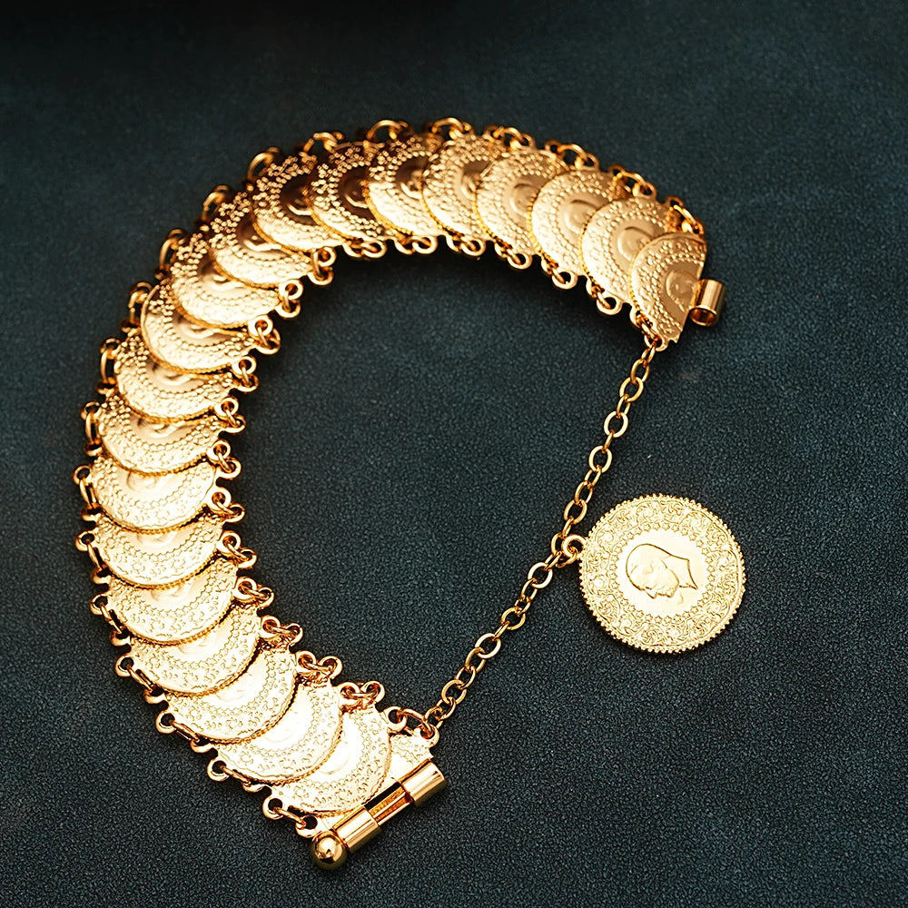 Luxury Gold-Plated Ottoman Turkish Totem Coin Cuff Bangle