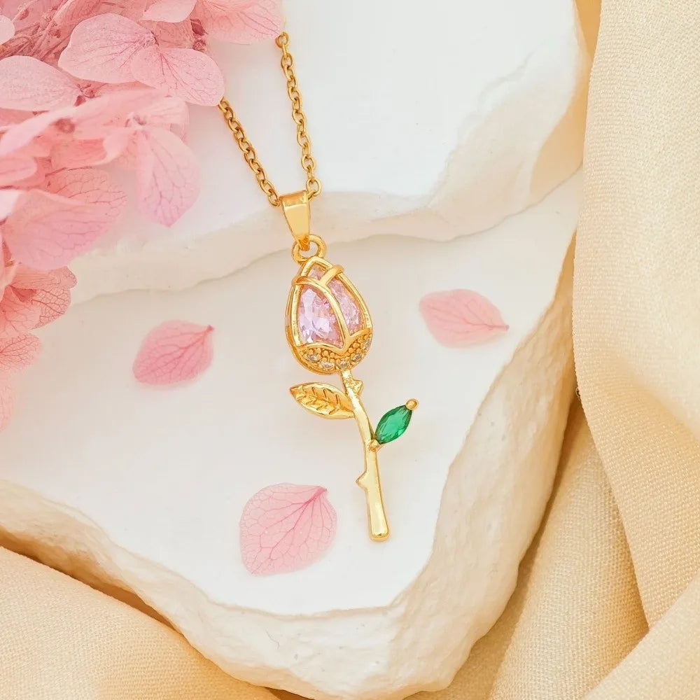 Elegant Tulip Flower Pendant Necklace Minimalist Sweet Style Zircon Pendant Layered Trendy Design Stainless Steel Choker Wedding