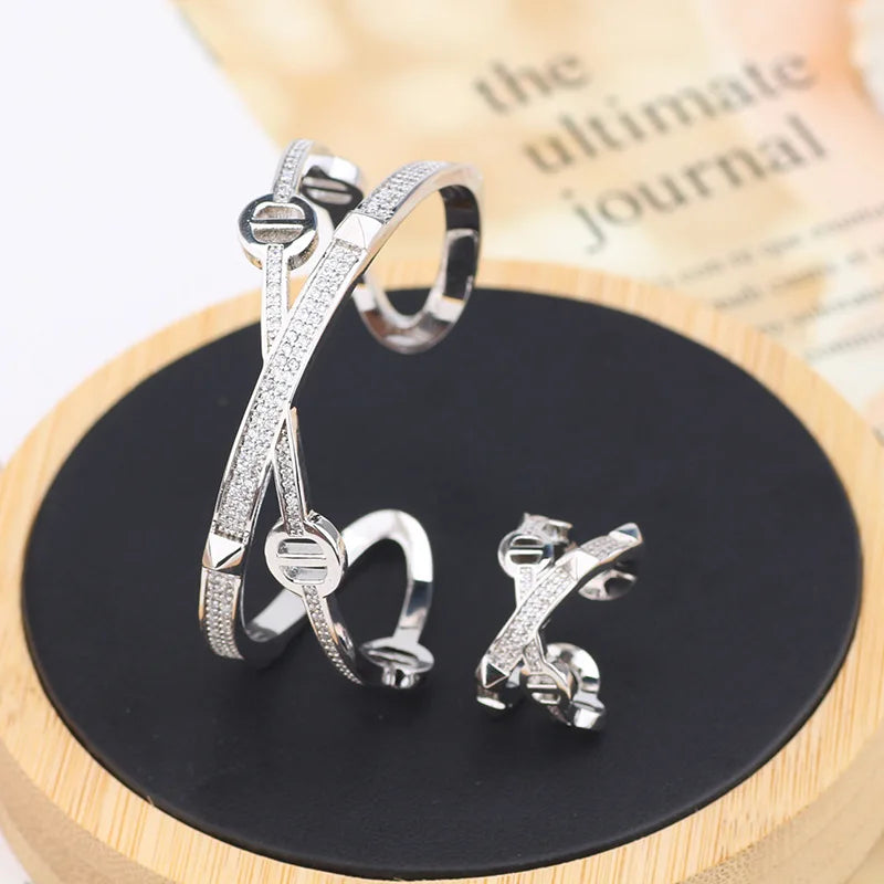 Fashion Luxury Punk Geometry Cubic Ziron Engagement Bridal Bracelet Statment Ring copper Lady Gift Jewelry