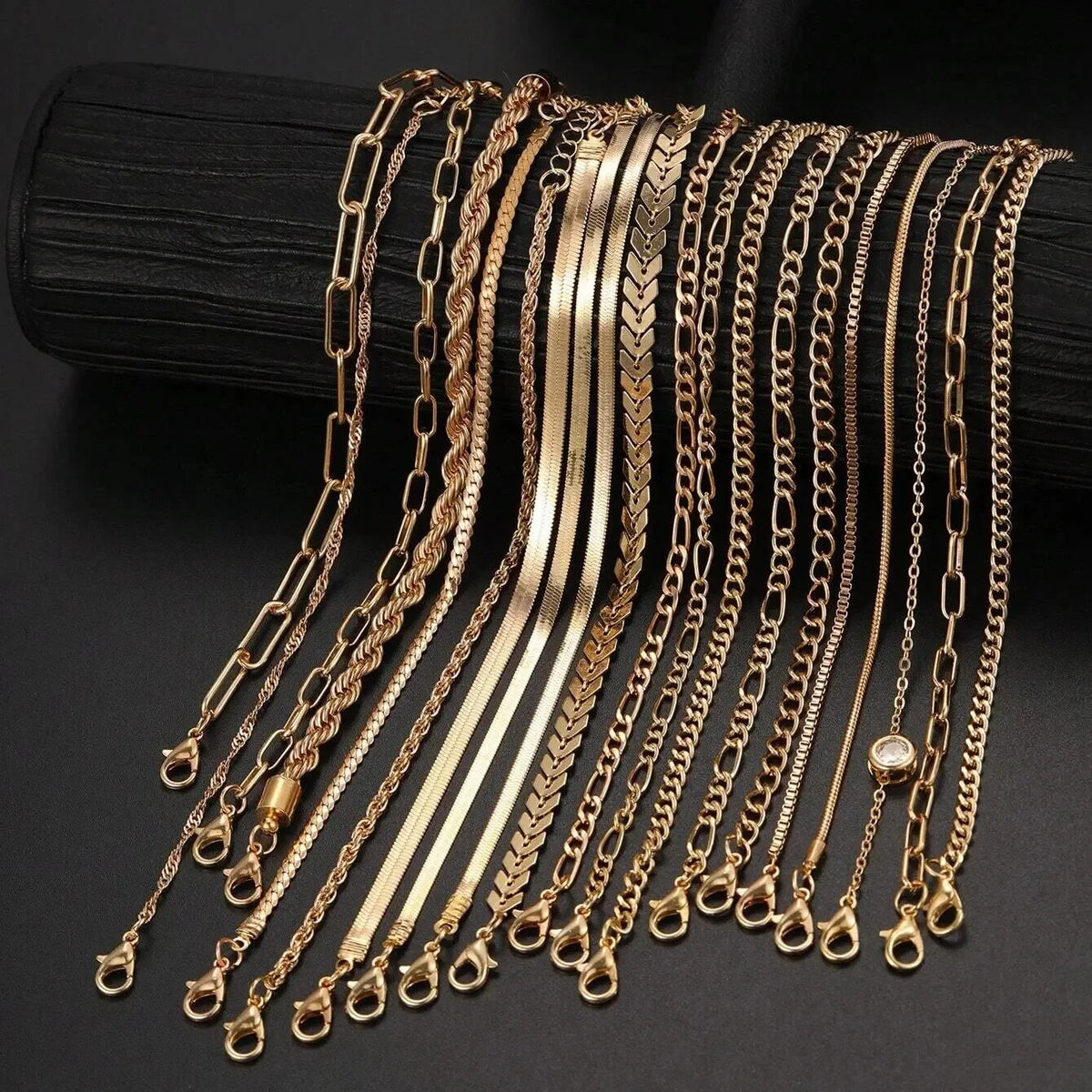 Trendy Minimalist Gold Color Snake Bone Chain Bracelet Set, 20 Pcs/Set
