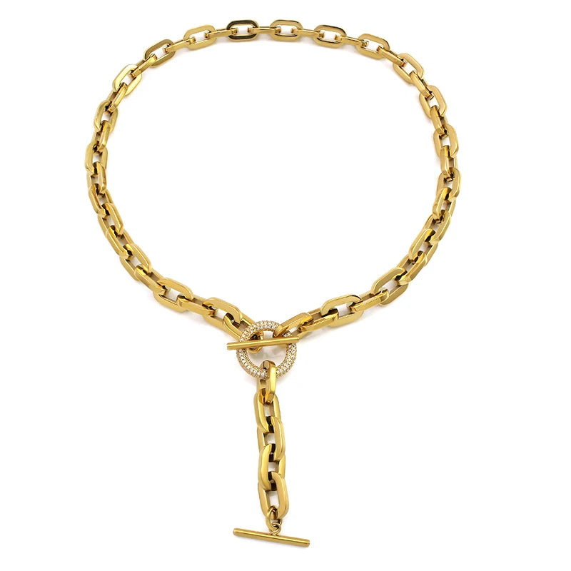 Stainless Steel Necklace Chain T Toggle Clasp Crystal Stones Link Lock Thick Clavicle Chain Choker Necklaces for Women Necklace