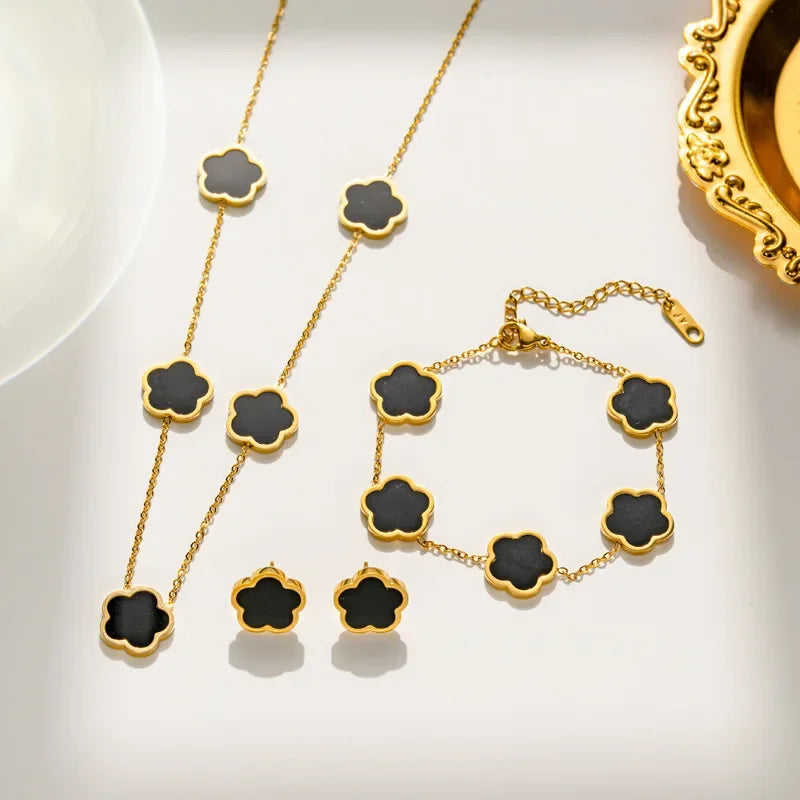 Shell Hot Selling 3PC Plum Blossom Plant Five Leaf Flower Set Jewelry Stainless Steel 18K Plating Luxury Gift For Women's Clover