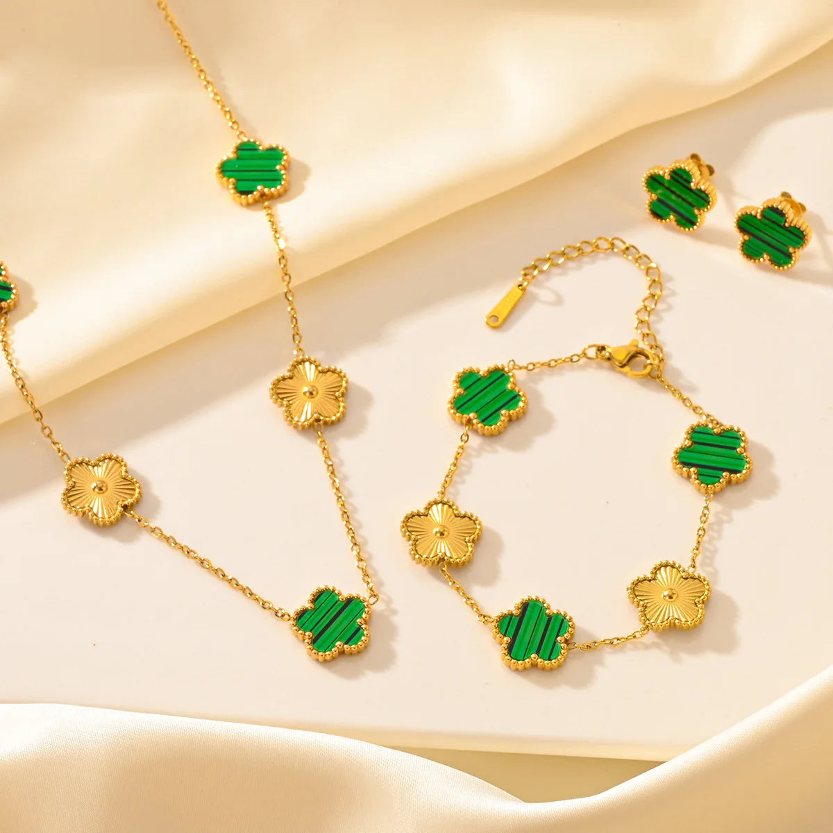 Women's Trendy 18K Gold Plated Jewelry Set  Five Leaf Clover Necklace Bracelet Earrings Stainless Steel Jewelry Para Mujer