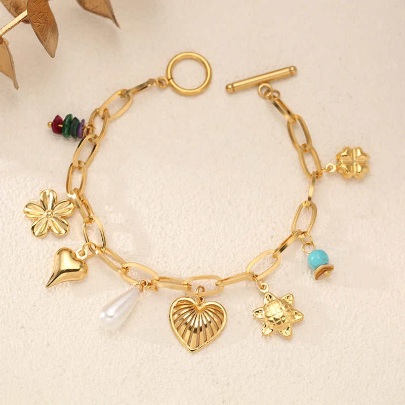 EILIECK 316L Stainless Steel Heart Flower Pearl Charms Bracelet For Women Gold Color OT Clasp Hand Chain Holiday Gift