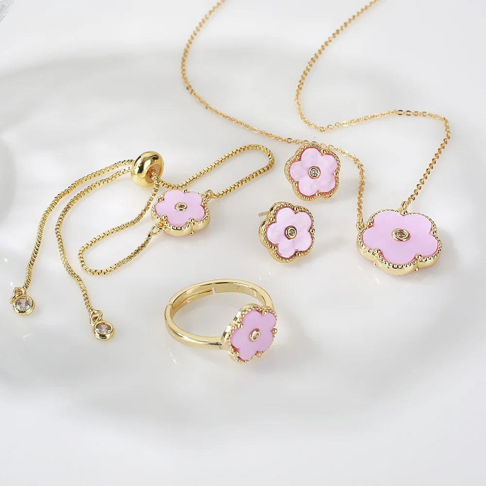 4pc Double-Sided Plum Blossom Jewelry Set Zircon New Hot Selling Plant Five Leaf Flower Women's High-Quality Clover