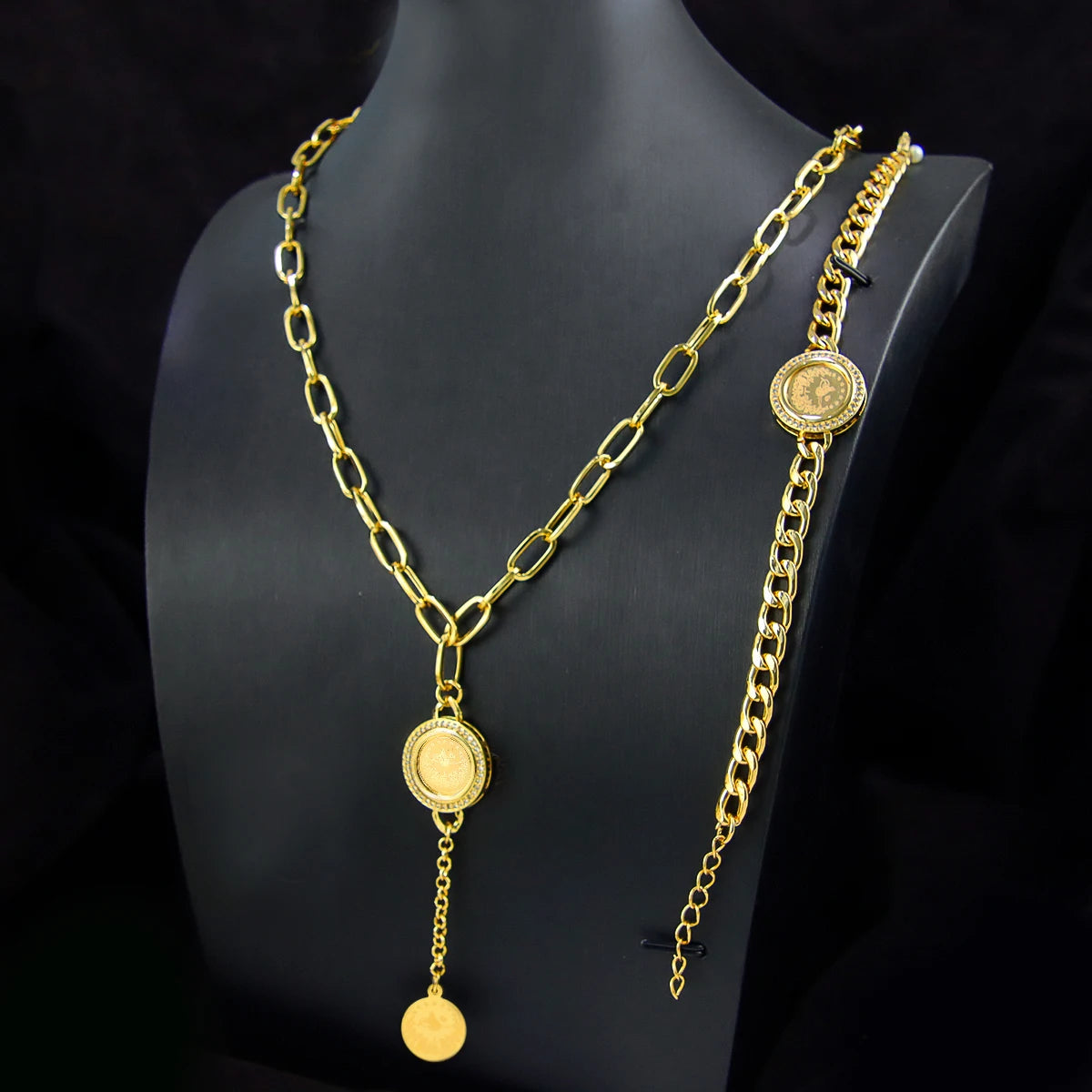 Dubai Vintage Coins Charm Jewelry Set 21k Gold Plated Turkish Bridal Zirconia Necklace Nigeria Muslim Women Wedding Jewelrys