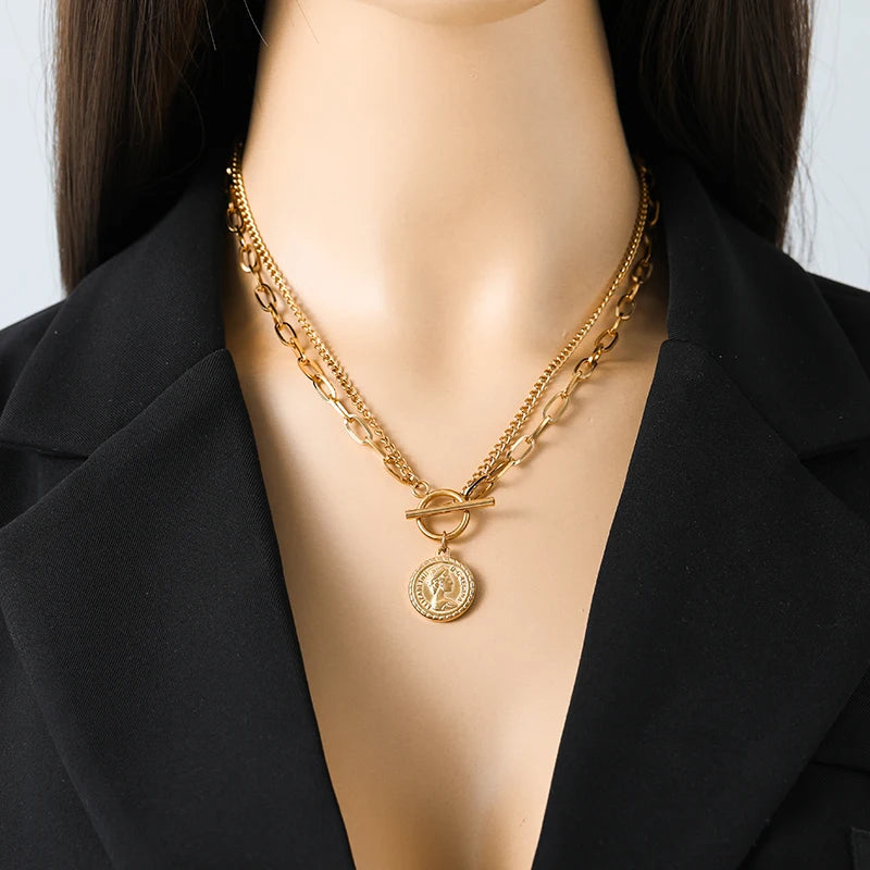 EILIECK 316L Stainless Steel Gold Color Portrait Coin Necklace Bracelets Set For Women New Trendy OT Buckle Waterproof Jewelry
