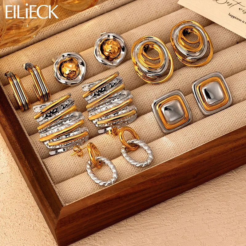 EILIECK 316L Stainless Steel Metal Two-Color Geometric Stud Earrings For Women Trendy High-Quality Waterproof Earring Jewelry