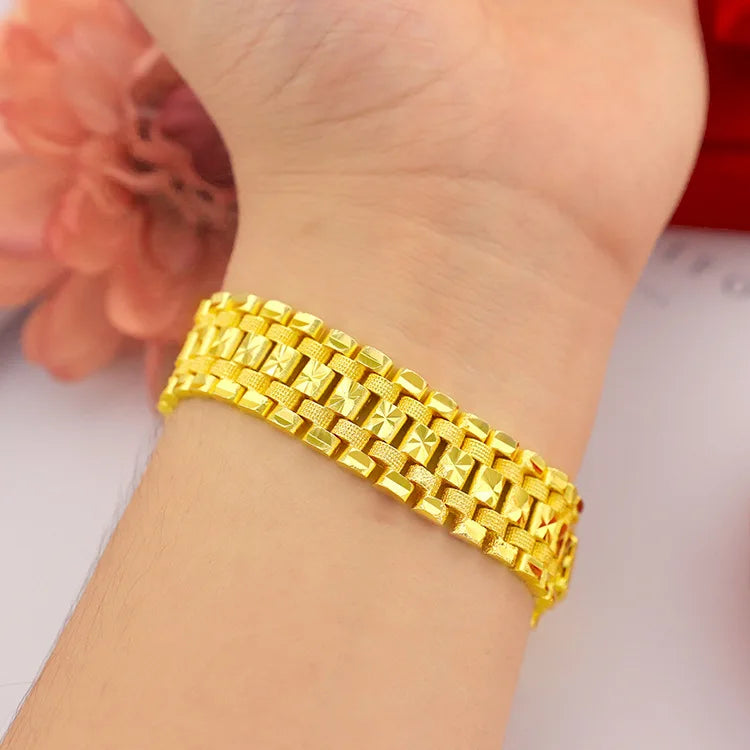 Pure Yellow Gold Bracelets for Women Men Classic Wedding Watch Chain Bracelets Christmas Gifts Jewelry Never Fade