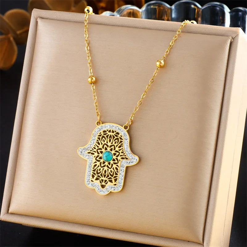 Vintage Colored Eye Pendant Necklace And Earrings Set Stainless Steel Plated 18K Gold Women's Jewelry Gift
