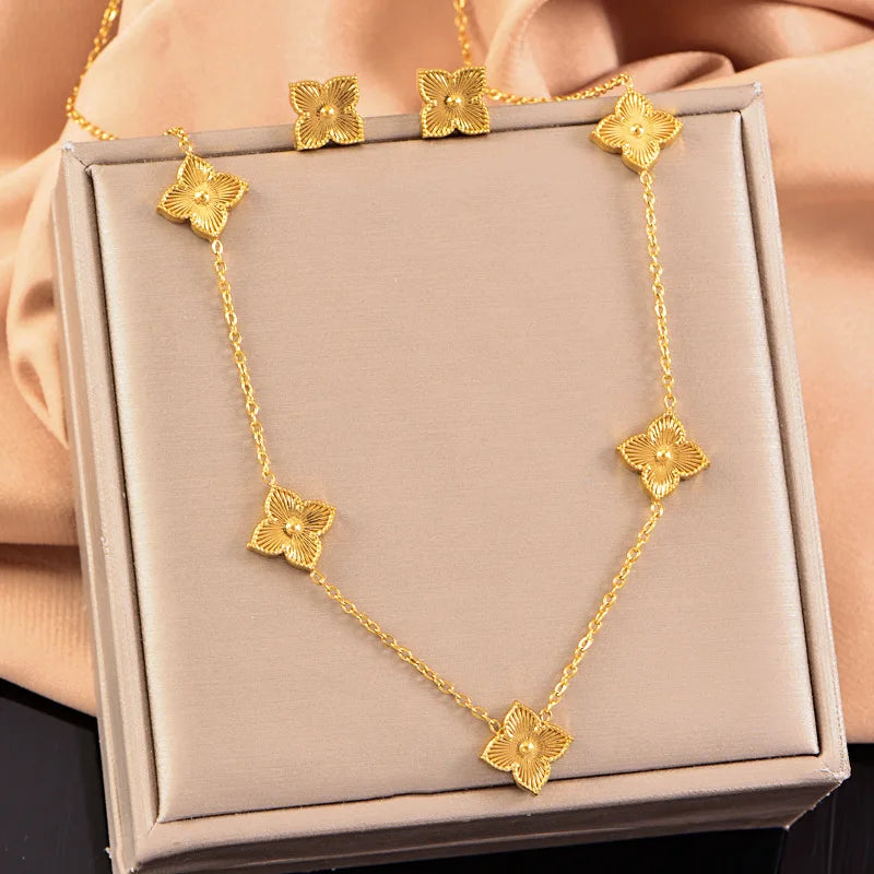 Stainless Steel Rhombus Flower Necklace Ring Earrings For Women Girl Four Leaves Clover Jewelry Set Gift for Party Birthday