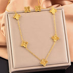 Stainless Steel Rhombus Flower Necklace Ring Earrings For Women Girl Four Leaves Clover Jewelry Set Gift for Party Birthday