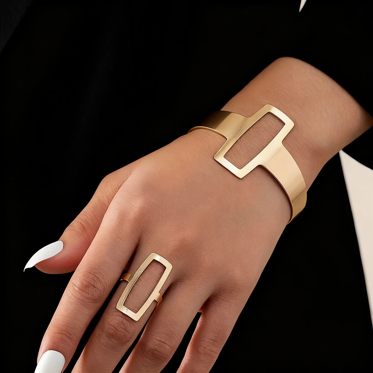 2pcs New Fashion Simple Design Geometric Open Bracelet Ring Set, Women's Personalized Trend Holiday Party Accessories Gifts