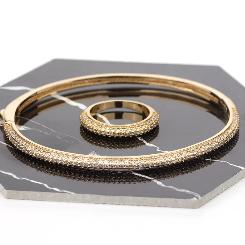 Luxurious Copper Zircon Bangles Set Women Crystal Pendant Bracelets Statement Ring Lady Fashion Jewelry