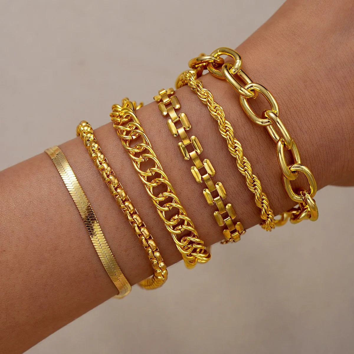 6Pcs Simple Punk Gold Chunky Multi-Layer Link Chain Bracelet Set