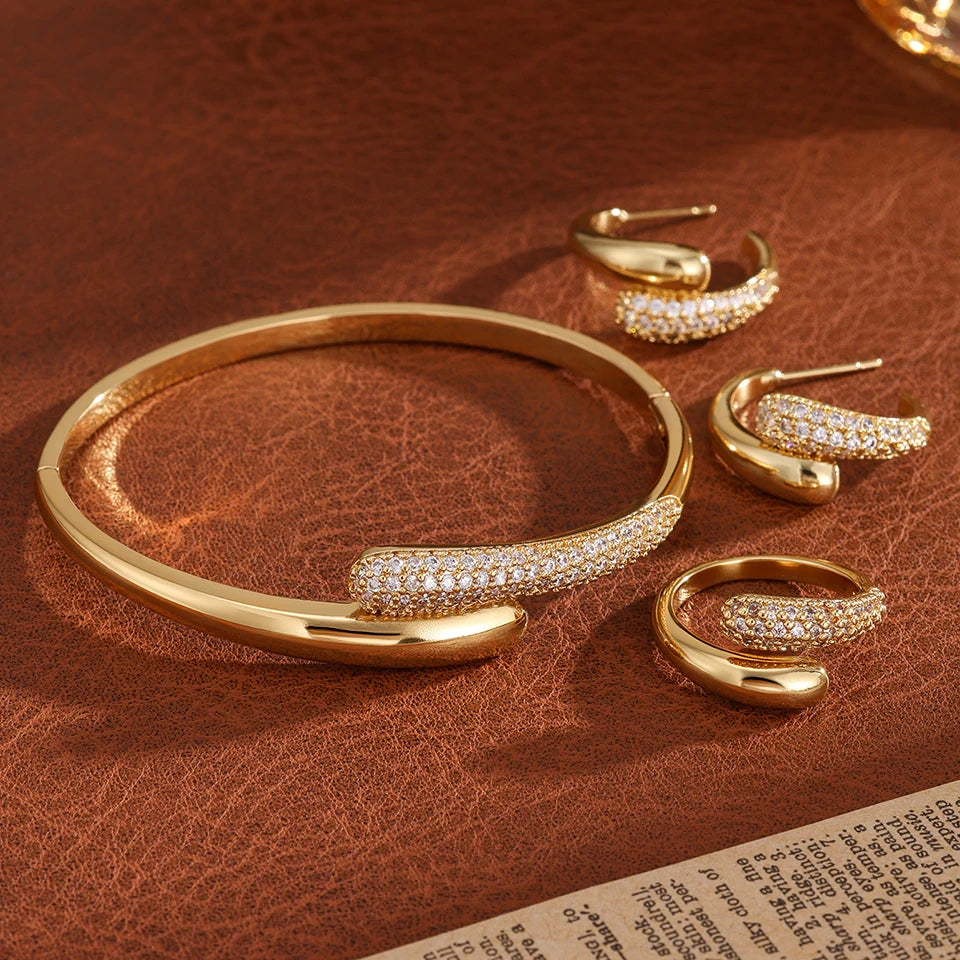 3-Piece Luxury Micro-Inlaid Zircon Water Drop Bracelet, Ring & Earrings Set