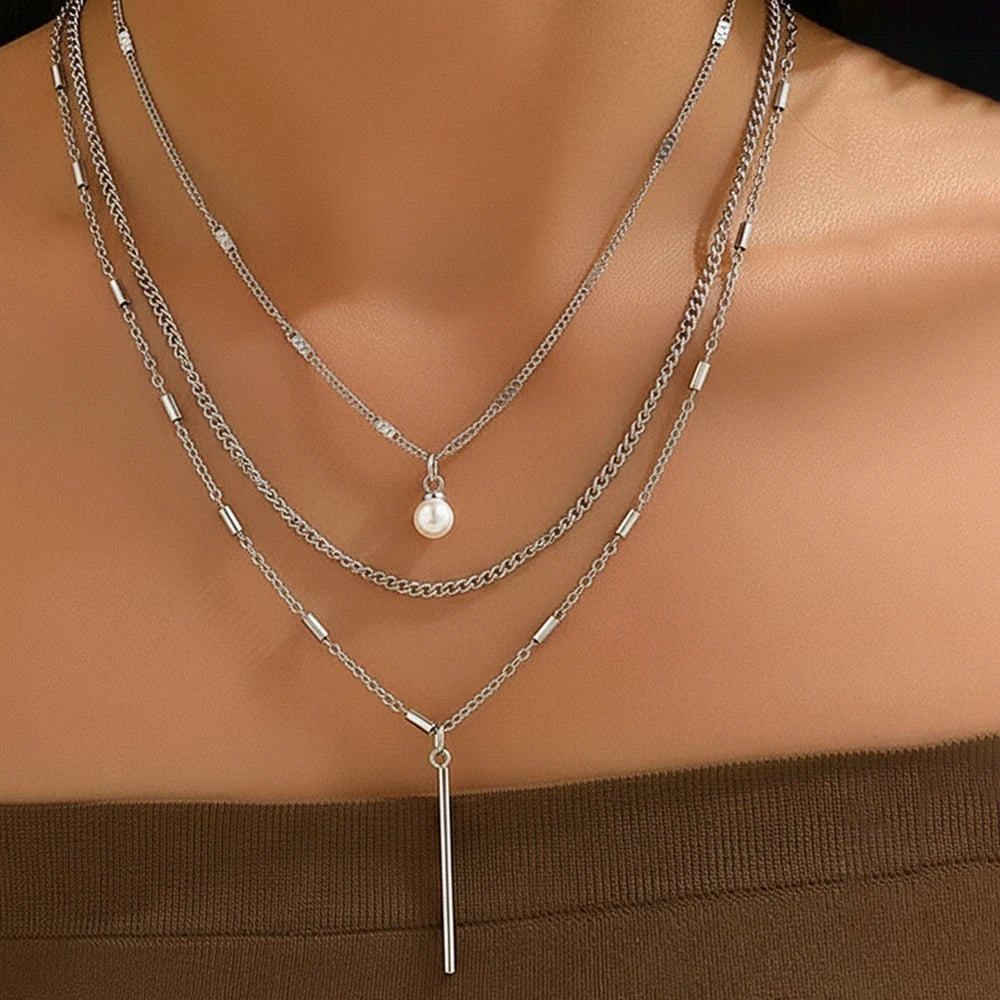Retro Three-Layer Stainless Steel Necklace with Pearl Geometric Long Pendant Necklace Female Gift Bohemian Fashion Accessories