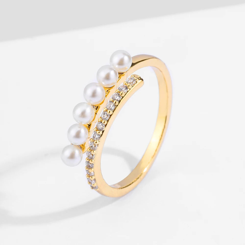 Korean Fashion Gold-Color Round Small Pearl & Shiny Zircon Minimalist Open Ring