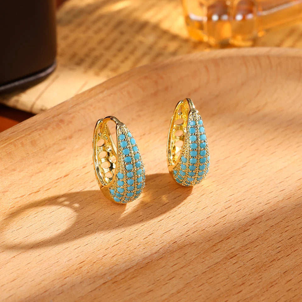 Luxury Gold-Color Plated Turquoise & Micro-Inlaid Blue Zircon Hoop Earrings