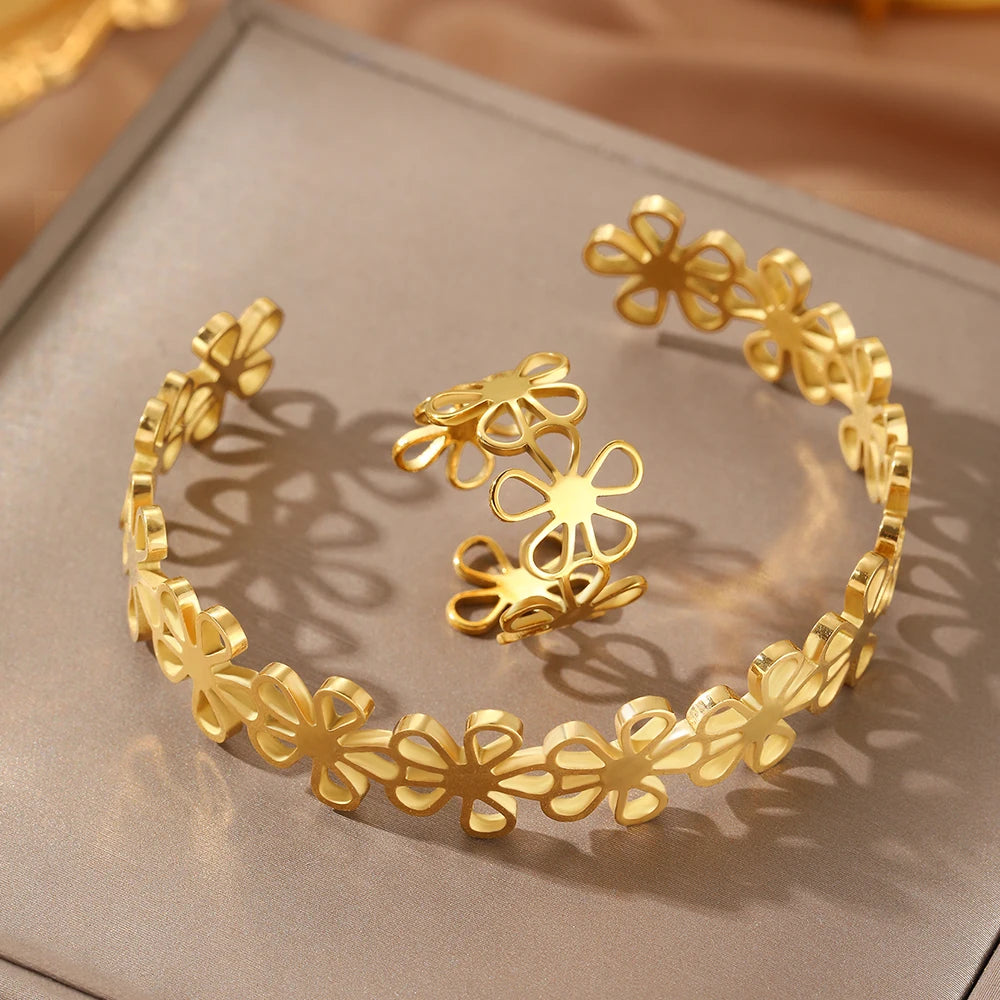Stainless Steel Bracelet Rings Set Hollow Flowers Unusual Retro Bracelet Ring For Women Jewelry Non-fading High-quality Gift New