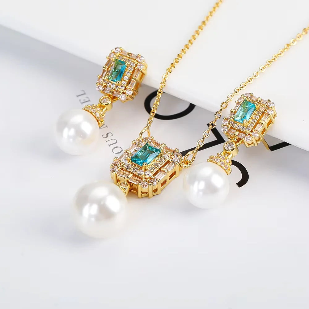 Luxury New Design Simple Irregular Pearl Classic Retro Pendant Necklace Earring Jewelry Set 18K Gold Plated Square Crystal Women