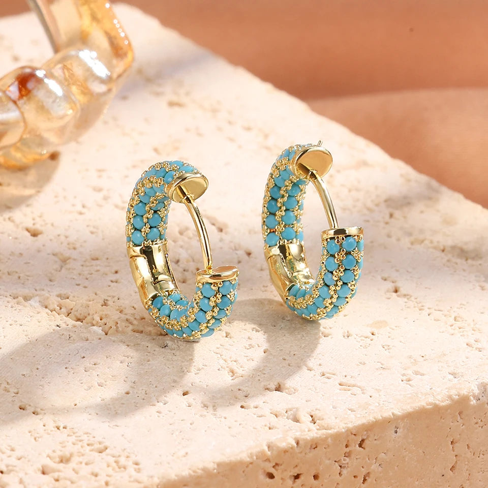 New Classic Turquoise Flower & Blue Four-Leaf Clover Hoop Earrings