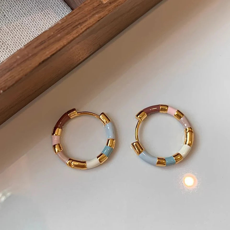 Korean Fashion Colorful Enamel Mini Round Metal Hoop Earrings