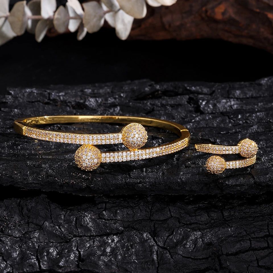 Ensemble Bague Ouverte et Bracelet Micro-Sertis de Zircons, Demi-Sphères de Luxe