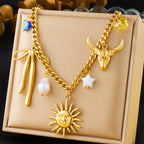 DIEYURO 316L Stainless Steel Golden Heart Sun Multiple Pendants Necklace Women New Fashion Marine Style Neck Chain Jewelry Gift