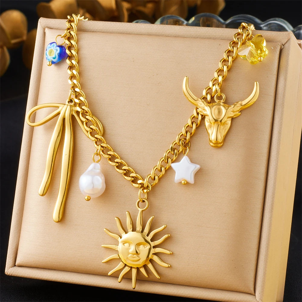 DIEYURO 316L Stainless Steel Golden Heart Sun Multiple Pendants Necklace Women New Fashion Marine Style Neck Chain Jewelry Gift