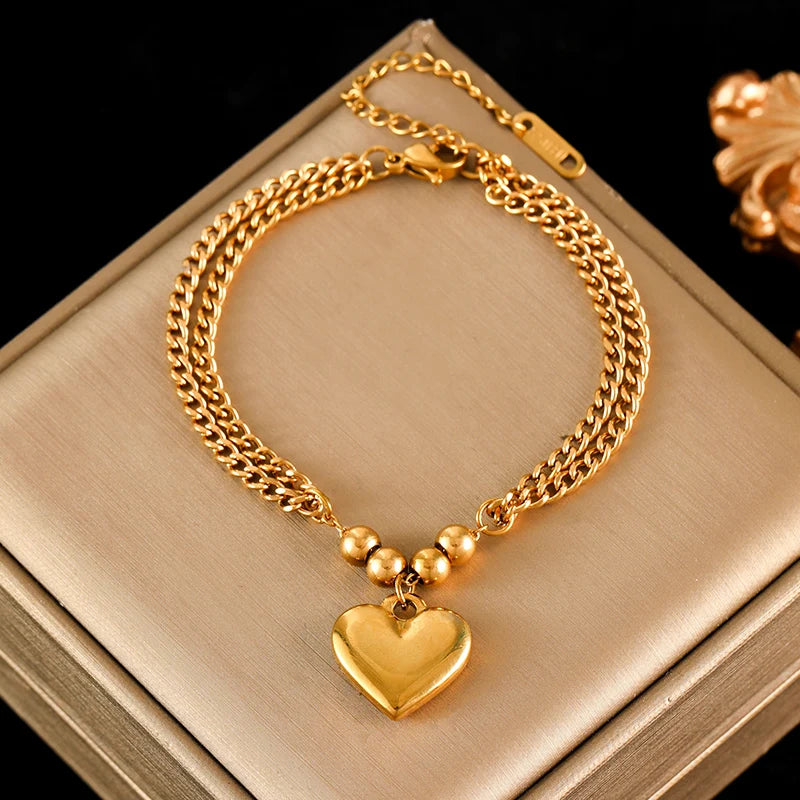EILIECK 316L Stainless Steel Gold Color Smooth Heart Charm Necklace Bracelets Set For Women Trendy Waterproof Jewelry Lady Gift