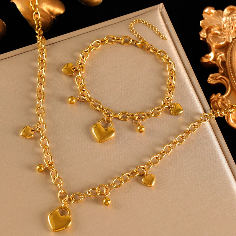 EILIECK 316L Stainless Steel Metal Heart Beads Charms Necklace Bracelet Set For Women Fashion Statement Waterproof Jewelry Gift