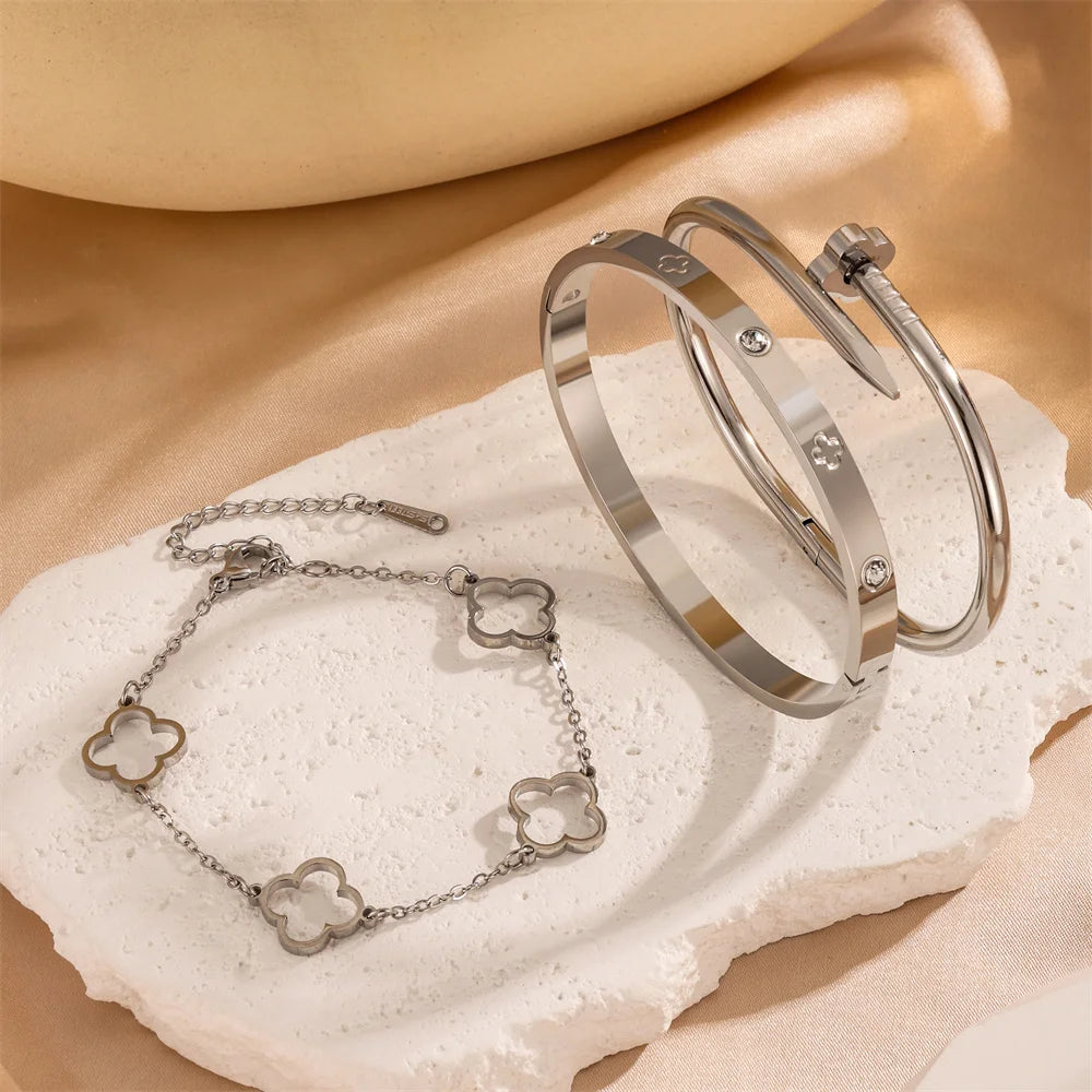 3pcs/2pcs Stainless Steel Four-Leaf Clover Stacked Bracelets Set 18K Gold Plated Couple Jewelry Lucky Charm Holiday Gift