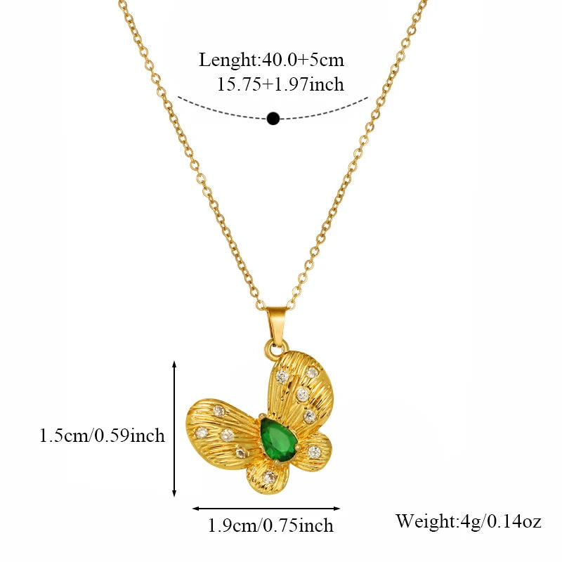 EILIECK 316L Stainless Steel Green Butterfly Zircon Dangle Necklace Earrings Set For Women Trendy Gift Luxury Waterproof Jewelry