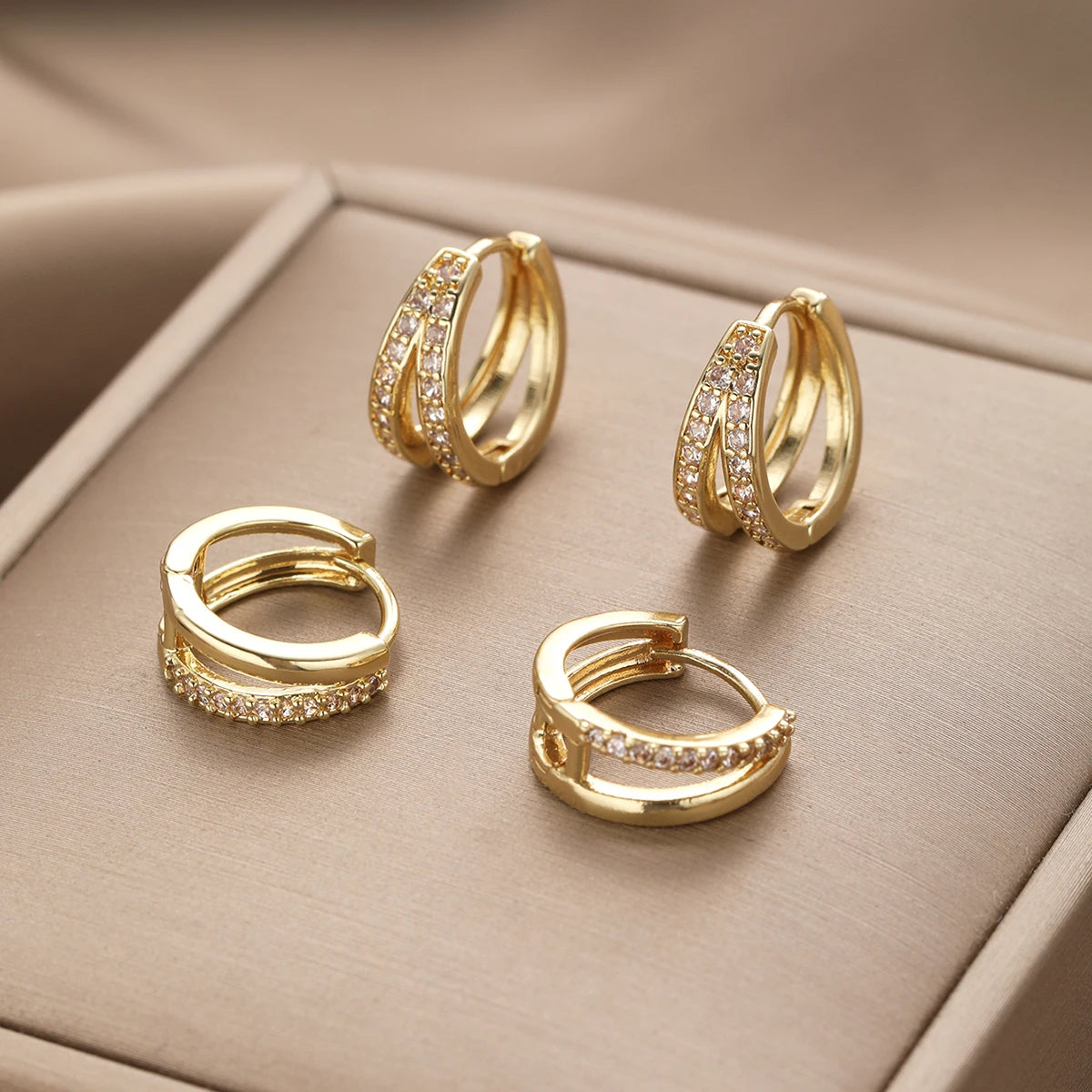 Minimalist Exquisite Gold Color Zircon Stud Earrings Set, 3 Pcs/Set