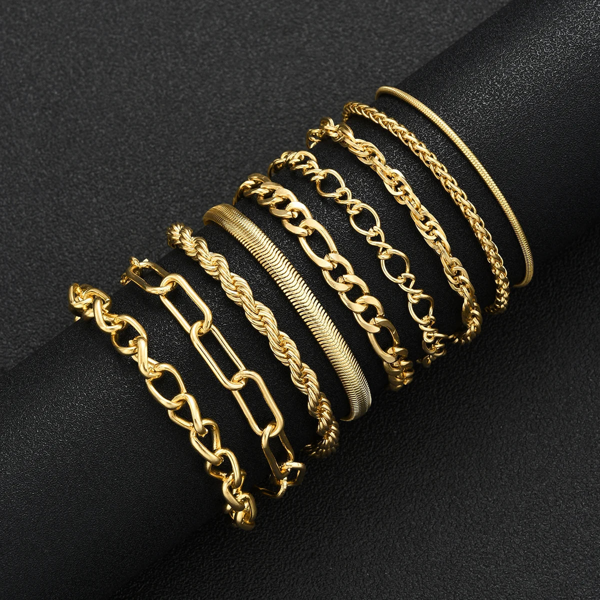 Simple Punk Chunky Chain & Snake Twisted Metal Bracelet Set, 9 Pcs/Set