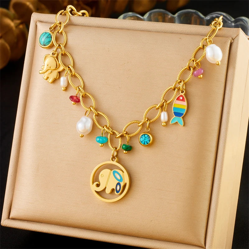 LAMENGLY 316L Stainless Steel Dopamine 5-Leaf Flower Bow Sun Heart  Cherry Necklace Women's Novel Chic Neck Chain Holiday Gifts