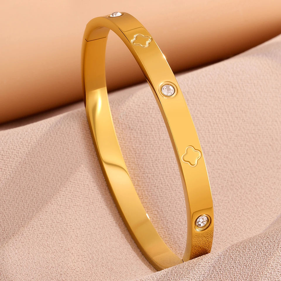 Yupsk 4/1Pcs Inlaid Zircon Stainless Steel Stackable Bracelet Delicate Flower Design Bangles Women's Fashion Versatile Jewelry