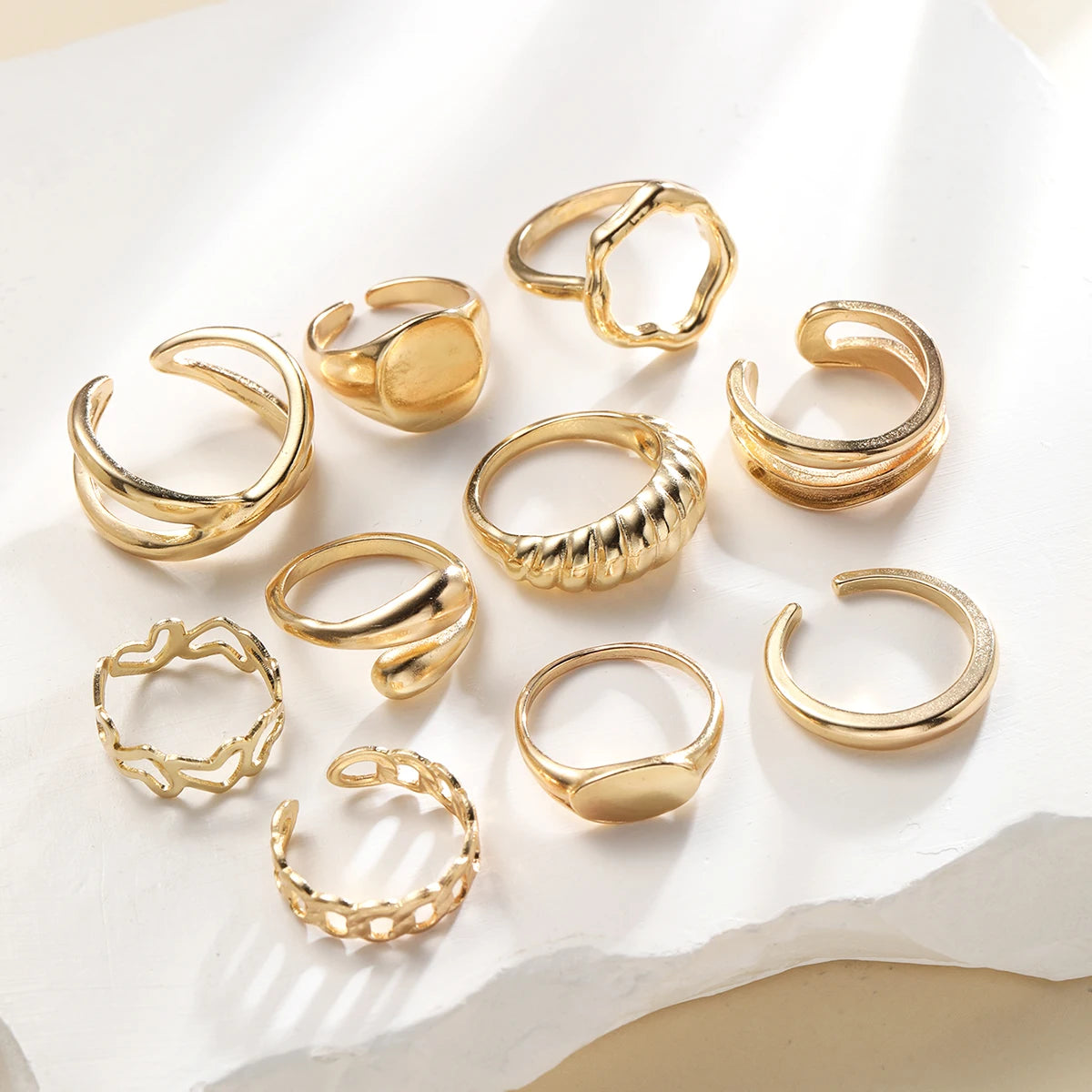 Vintage Bohemian Irregular Geometric & Chain Pattern Gold Color Ring Set, 10 Pcs/Set