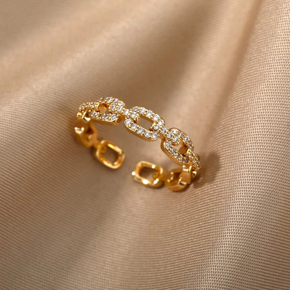 Gold-Plated Stainless Steel Crystal & Geometric Chain Ring