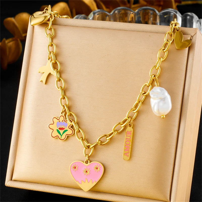LAMENGLY 316L Stainless Steel Dopamine 5-Leaf Flower Bow Sun Heart  Cherry Necklace Women's Novel Chic Neck Chain Holiday Gifts