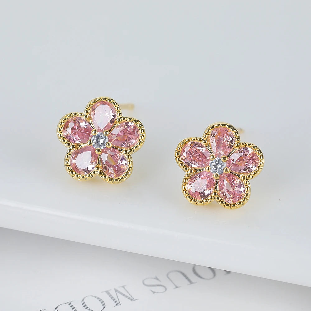 2PC Glass Crystal New Sweet Pendant Necklace Earrings Plum Blossom Five Leaf Flower Luxury Plant Women's Gift Clover